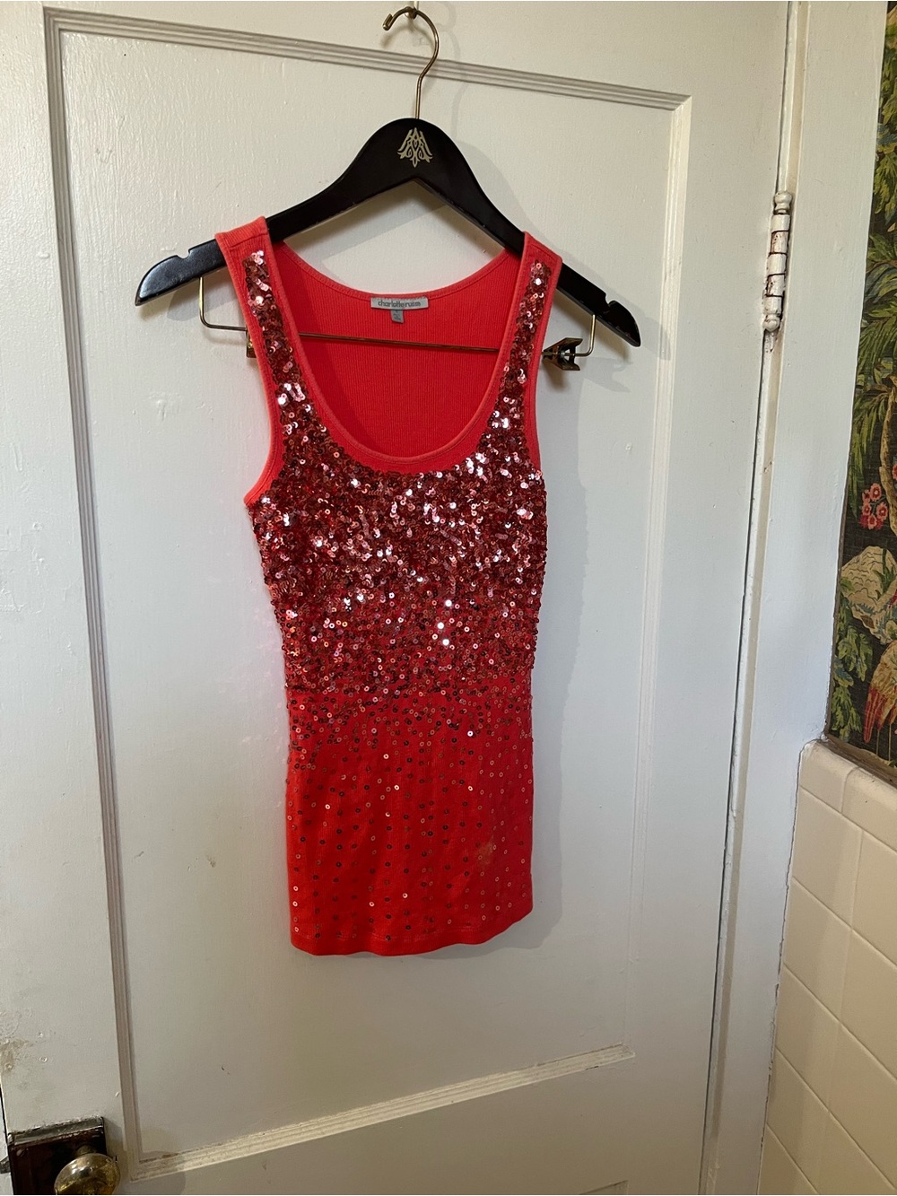 EUC Charlotte Russe Y2K Coral Red Sequin Ribbed Tank Top Small